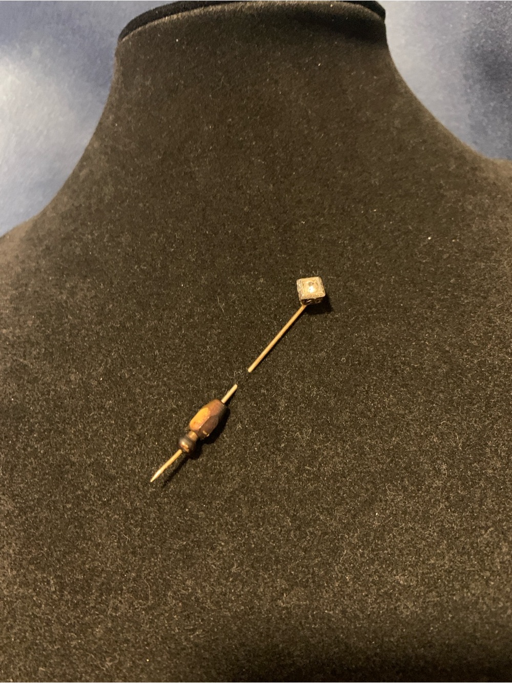 Antique Gold-Tone Stick Pin with Faceted Bead and Square Accent